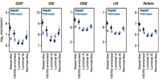 Figure 2. Figure 2. TP53 mutation status is associated with differential immumne cell infiltration in in Basal-like tumors. <br />Effect plots of expression of CCR7, CD2, CD3E, LY9, and perforin (PRF1) grouped by PAM50 subtype and TP53 mutation status. TP53-WT plotted in black, TP53-mutant plotted in blue. Points indicate mean, error bars indicate 95% confidence intervals calculated from twice the standard error.